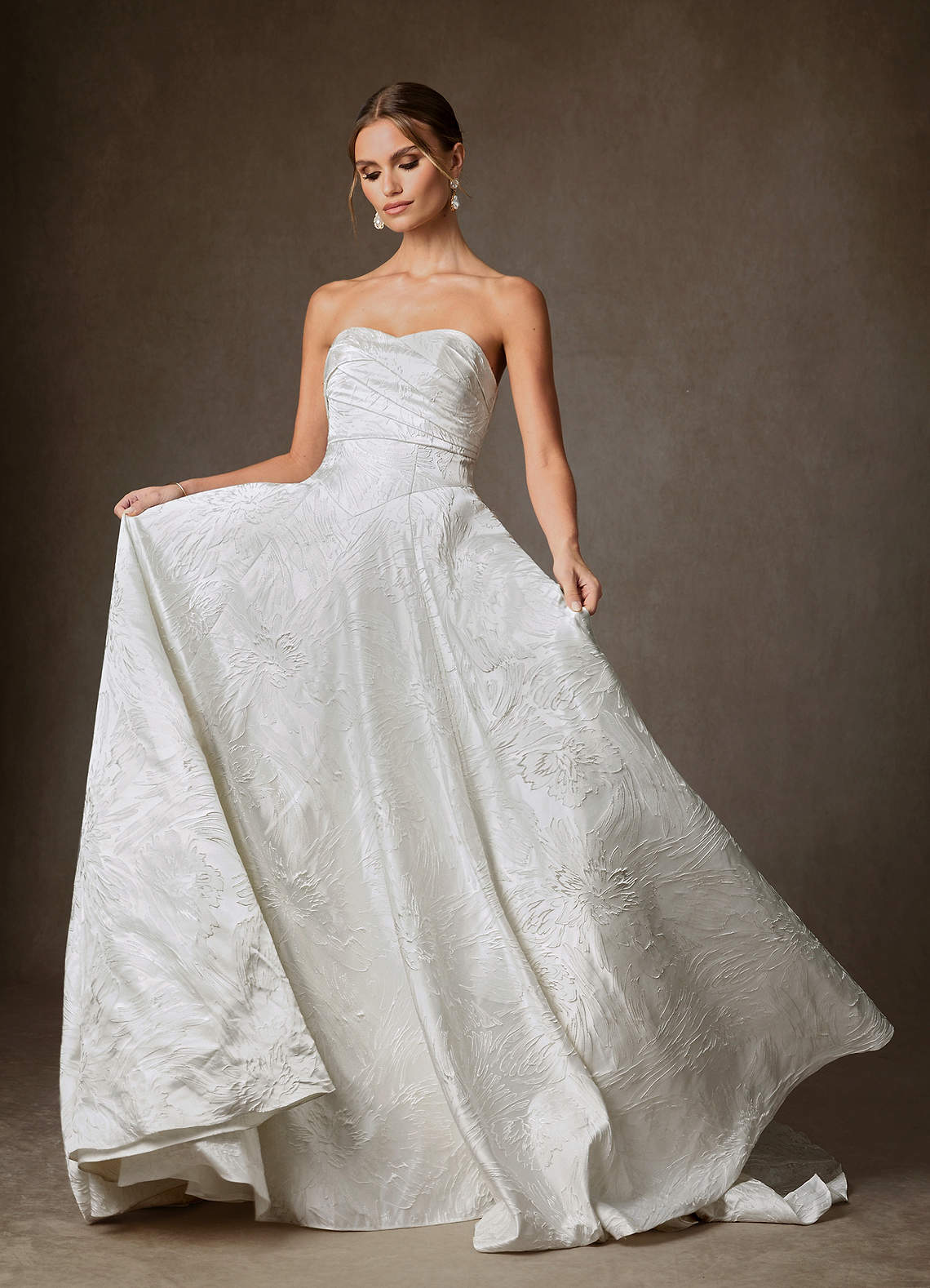 Azazie Tallulah Wedding Dresses Diamond White A-Line Strapless Floral Jacquard Dress image2