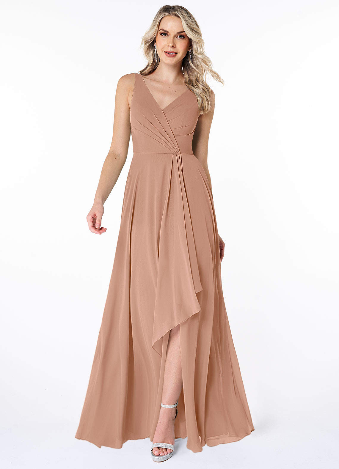 Azazie Calvi Bridesmaid Dresses Champagne Rose A-Line Ruched Chiffon Dress image1