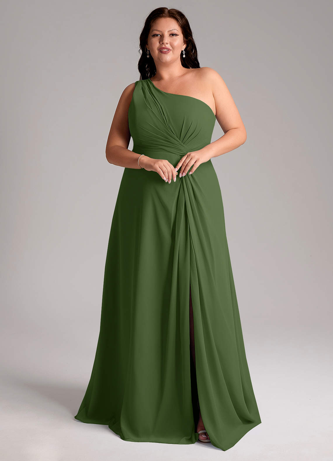 Azazie Brooke Bridesmaid Dresses Olive A-Line One Shoulder Chiffon Dress image10
