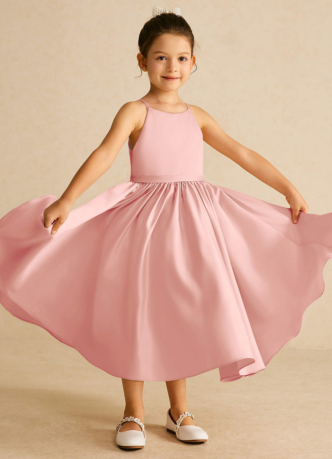 Azazie Sunray Flower Girl Dresses Rosette A-Line Spaghetti Strap Matte Satin Dress image1