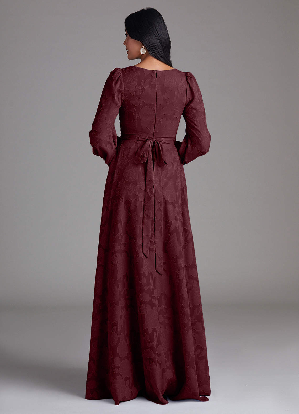 Azazie Leonia Bridesmaid Dresses Cabernet A-Line Long Sleeve Floral Burnout Dress image2