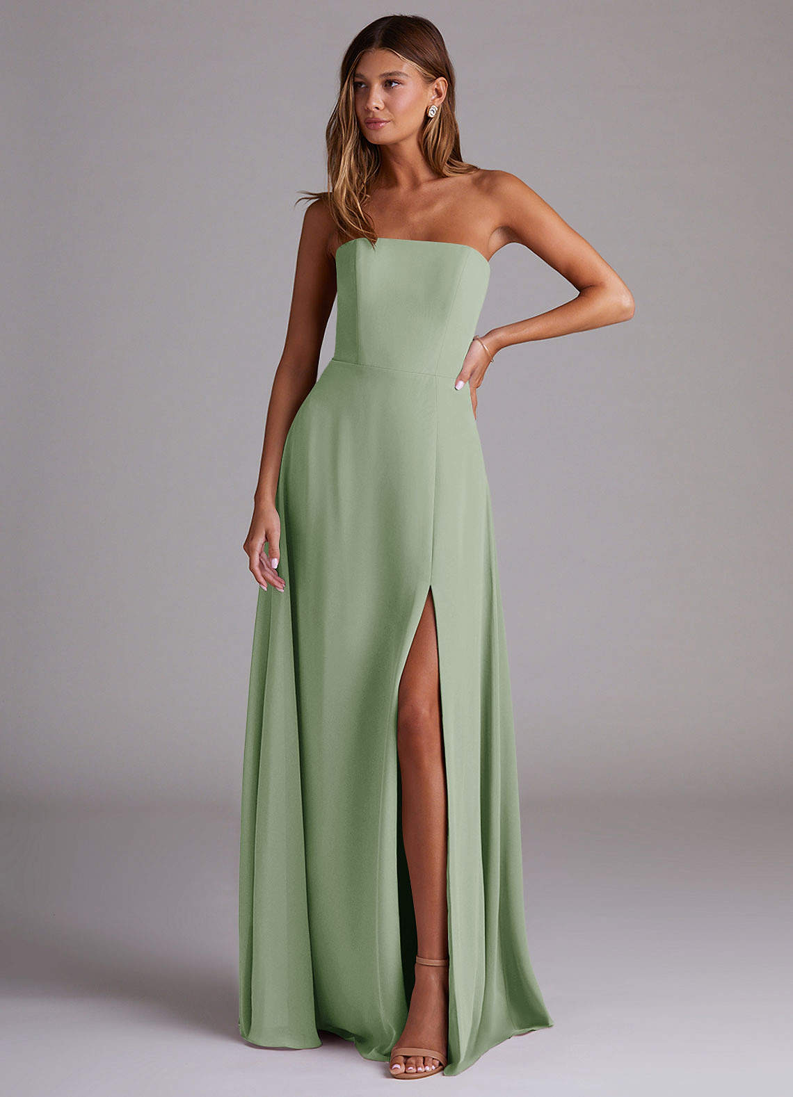 Azazie Wren Bridesmaid Dresses Dusty Sage A-Line Side Slit Chiffon Convertible Dress image1