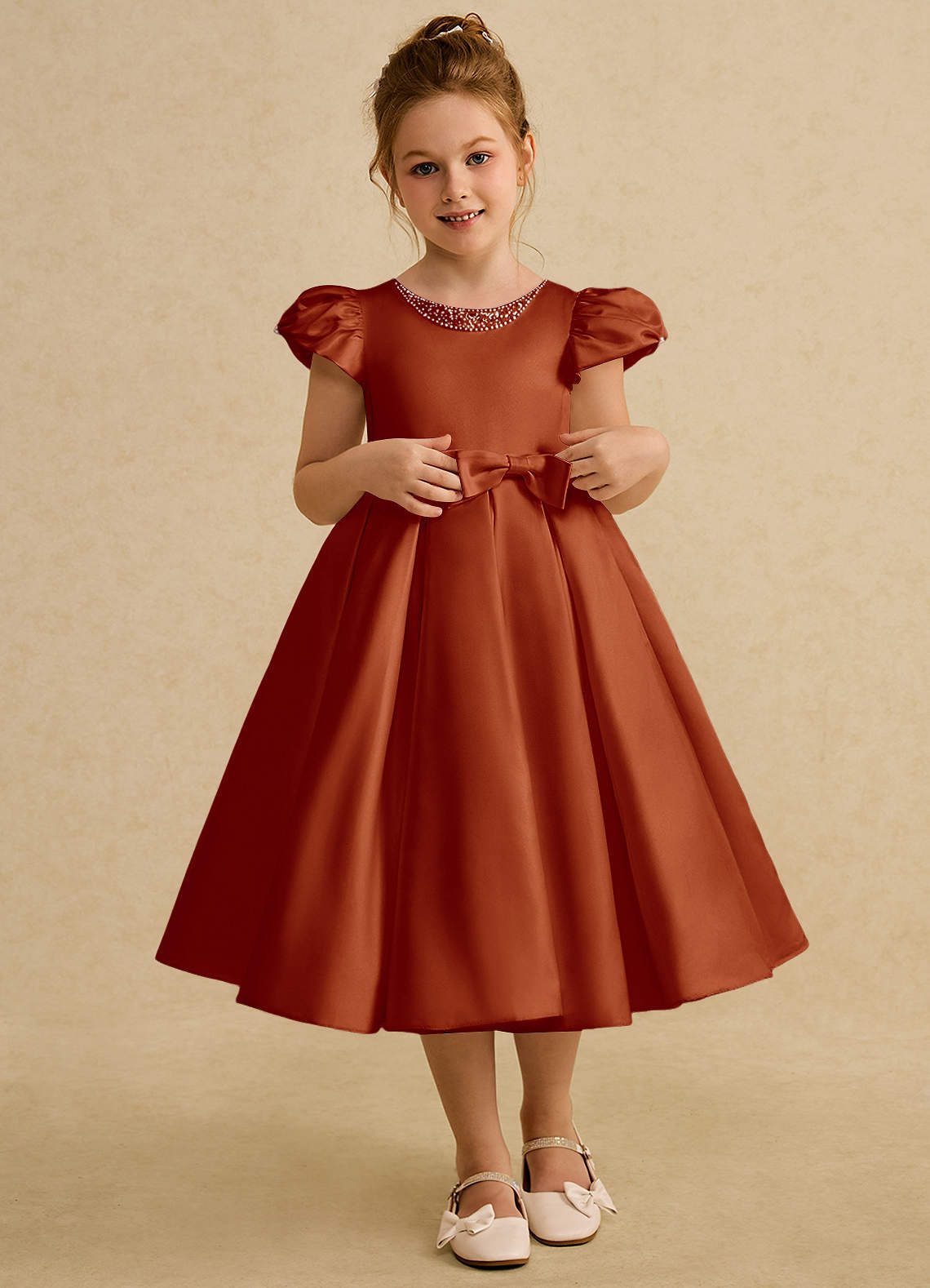 Azazie Pearl vestidos de niña de las flores Vestido de Pimenton de Satin Mate de Princesa con Plisado image1