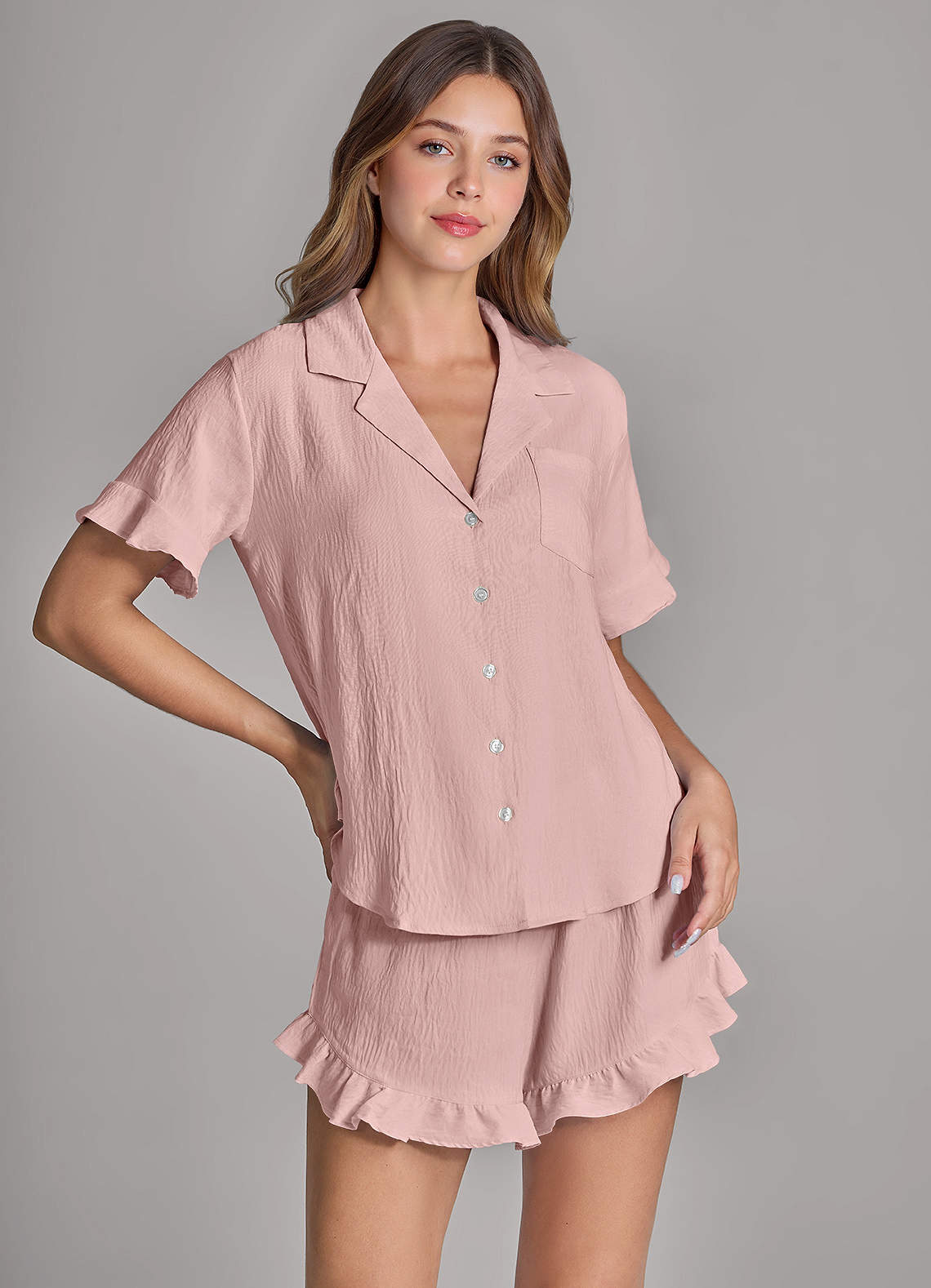 front Matching Color Ruffled Cloud-Soft Pajama Set