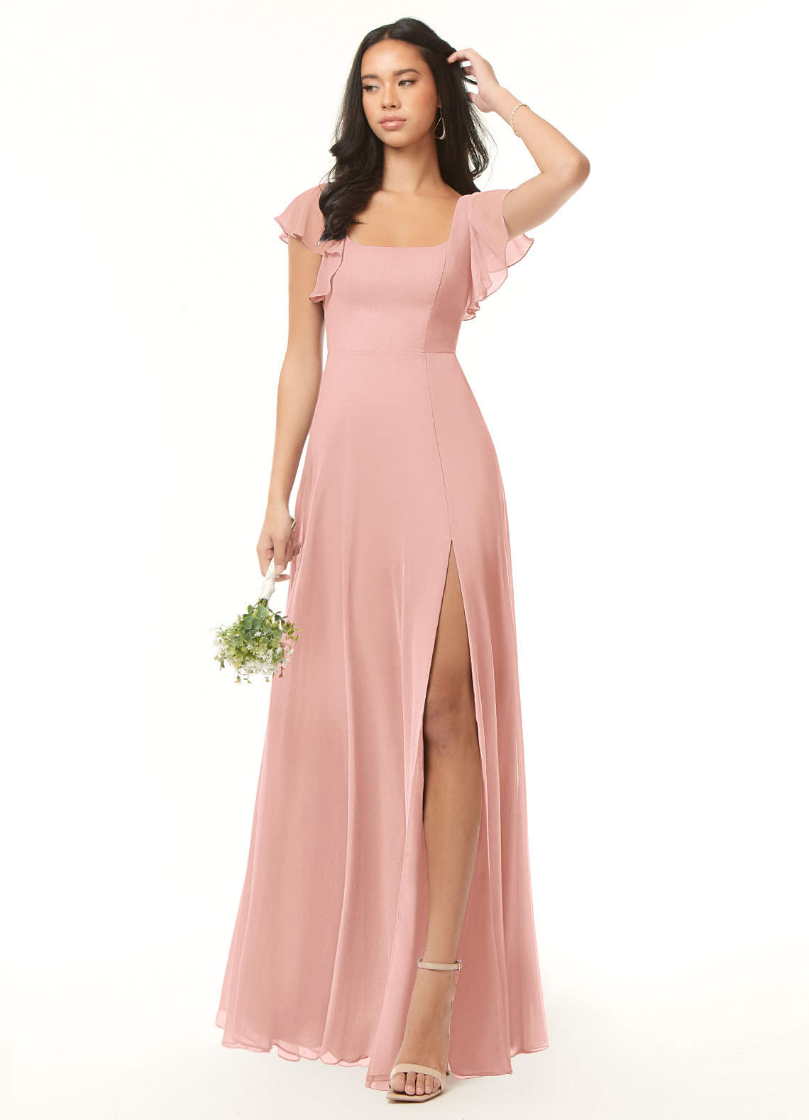 Azazie Plus Size A-Line Square Neck Floor-Length Chiffon Bridesmaid Dresses - Rosette