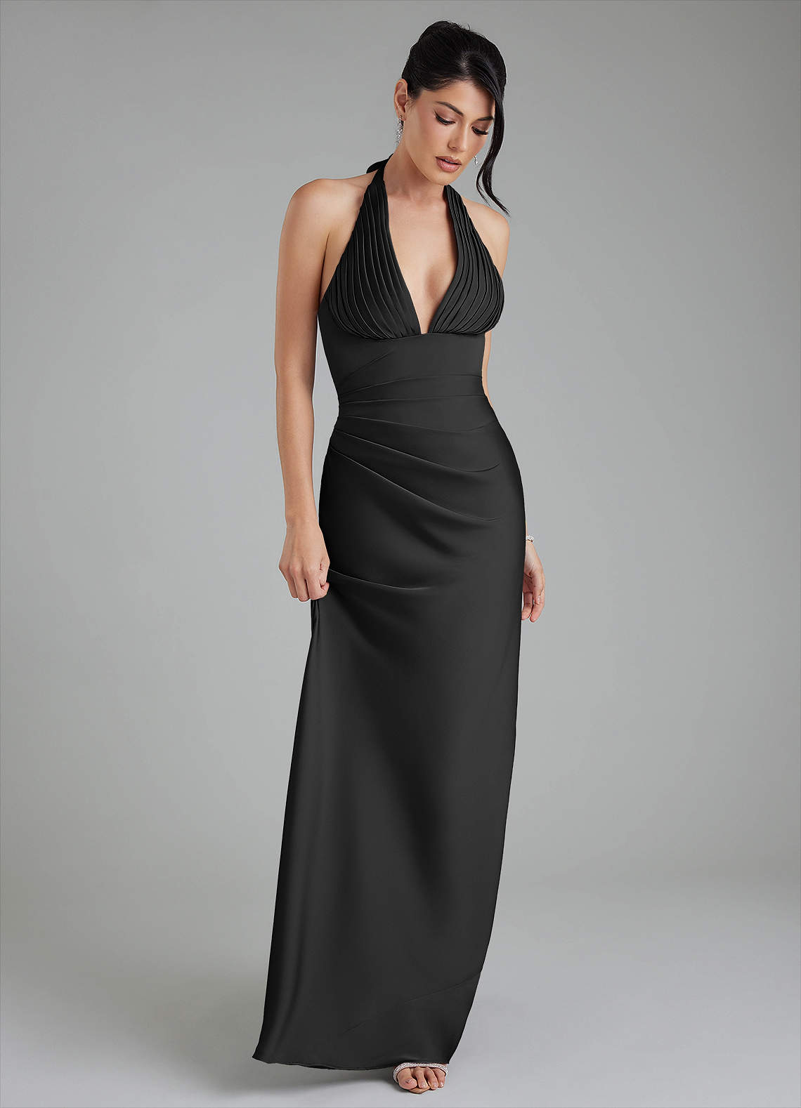black mermaid halter neck satin formal dress V-Neck Halter Black Trumpet/Mermaid Formal Dresses