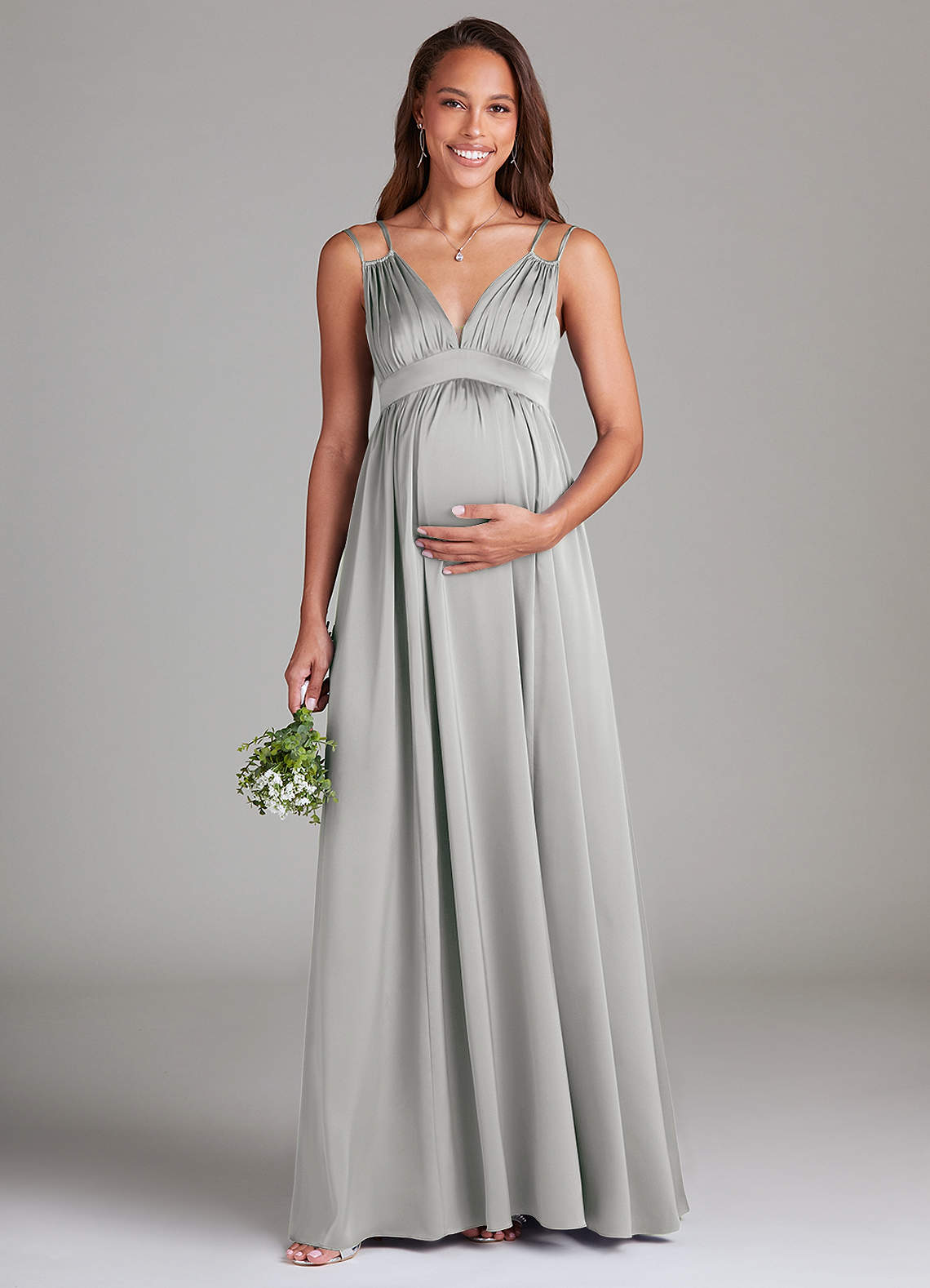Azazie Emree Maternity Bridesmaid Dresses A-Line Stretch Satin Floor-Length Dress with Pockets image1