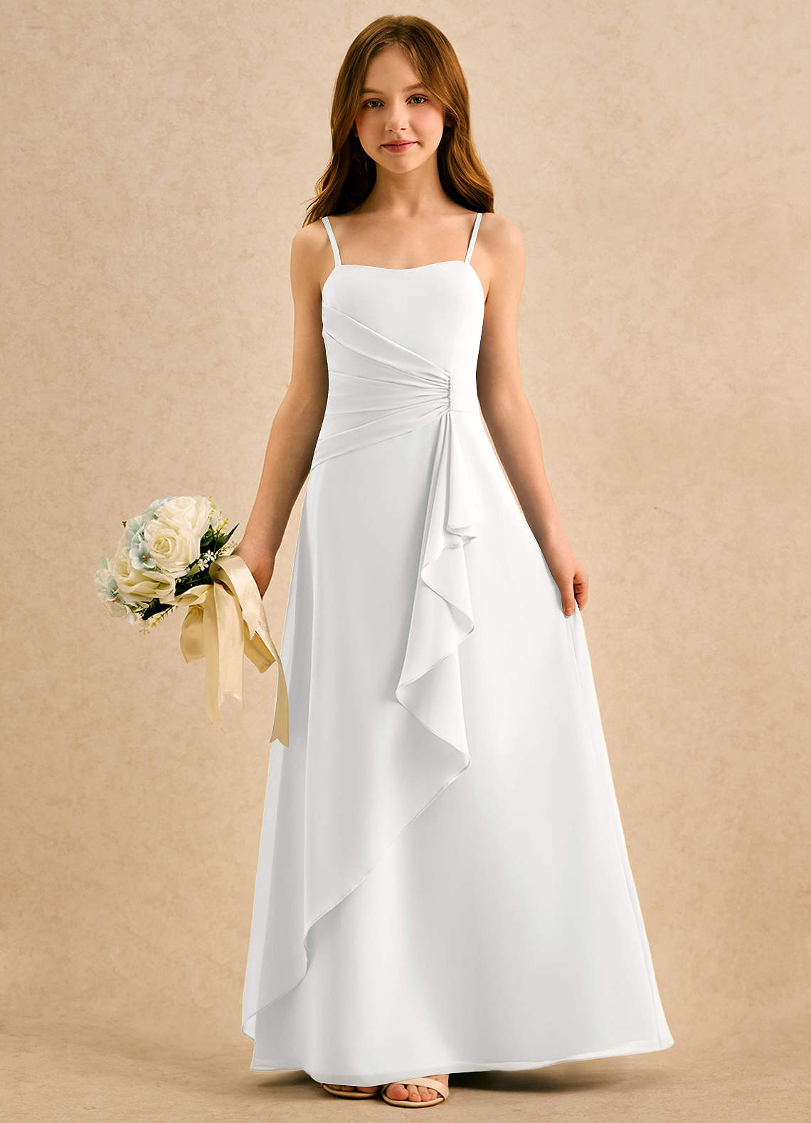Azazie lolly Girls Formal Robe Demoiselle D'honneur Fillette Robe Trapèze en Mousseline de soie Plissée Blanc image2