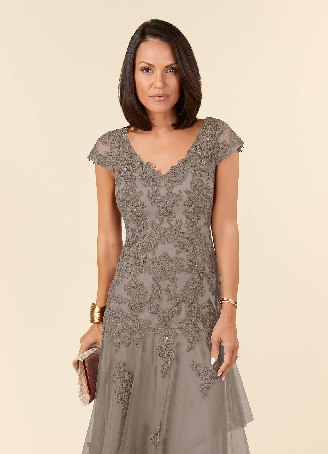 Azazie Romy Taupe Mermaid V-Neck Sequins Tulle Dress Ready to Ship