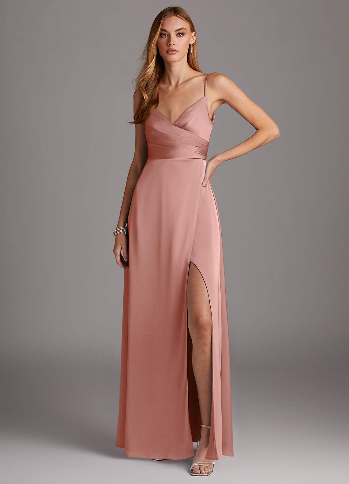 Azazie Calissa Bridesmaid Dresses Rosette A-Line V-Neck Pleated Stretch Satin Dress image1