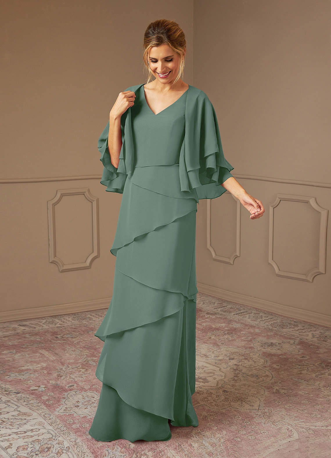 Azazie OHara Mère de la mariée Robes Robe Trapèze en Mousseline de soie Col V Eucalyptus image7