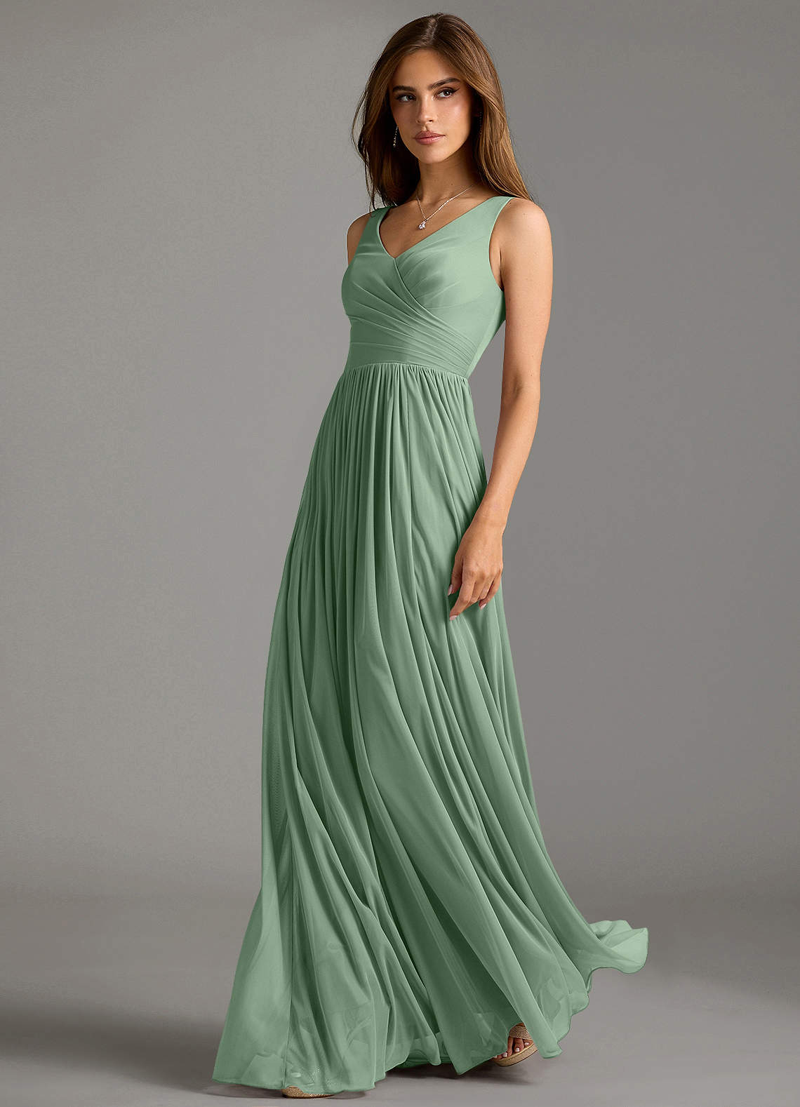 Azazie Keyla Bridesmaid Dresses Matcha A-Line Pleated Mesh Dress image1