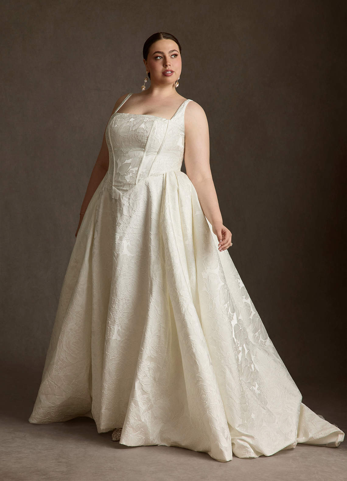 Azazie Delvina Abiti da Sposa Abito Principessa in Jacquard Floreale con tasche Bianco Antico image1