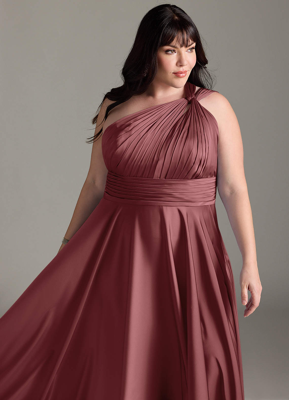 Azazie Charlize Bridesmaid Dresses Amethyst A-Line One Shoulder Stretch Satin Dress image14