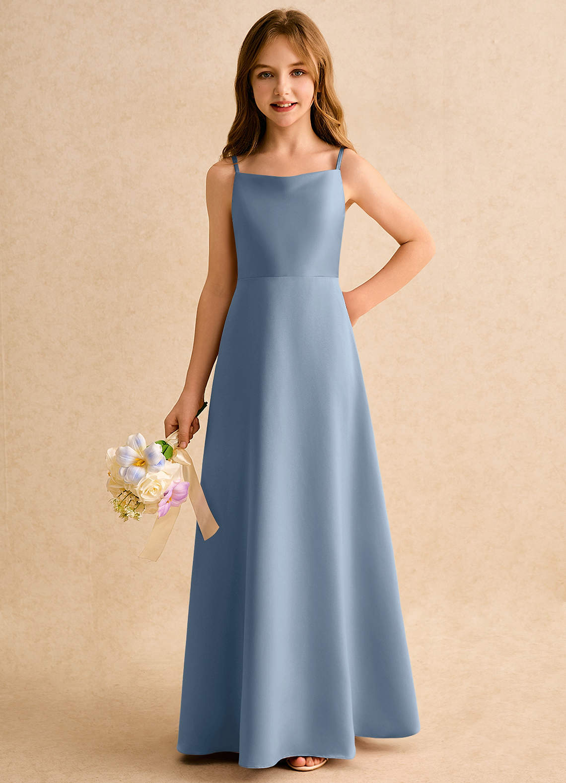 Azazie Joella Girls Formal Flower Girl Dresses Dusty Blue A-Line Pleated Matte Satin Dress image5