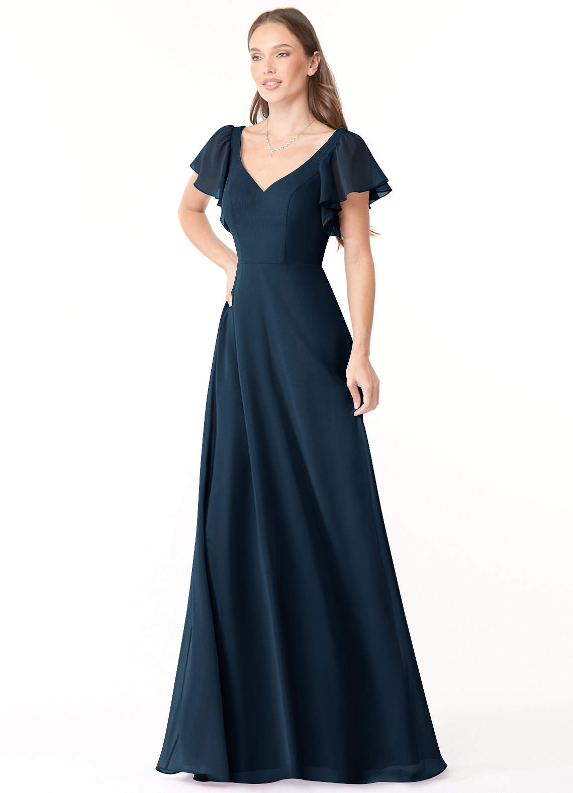 navy blue a line bridesmaid dresses Azazie A-Line V-Neck Floor-Length Chiffon Size:22 Crafted from premium high Sale: Birthday Mini Dresses Edit January 2026 Maxi Dress - Classic