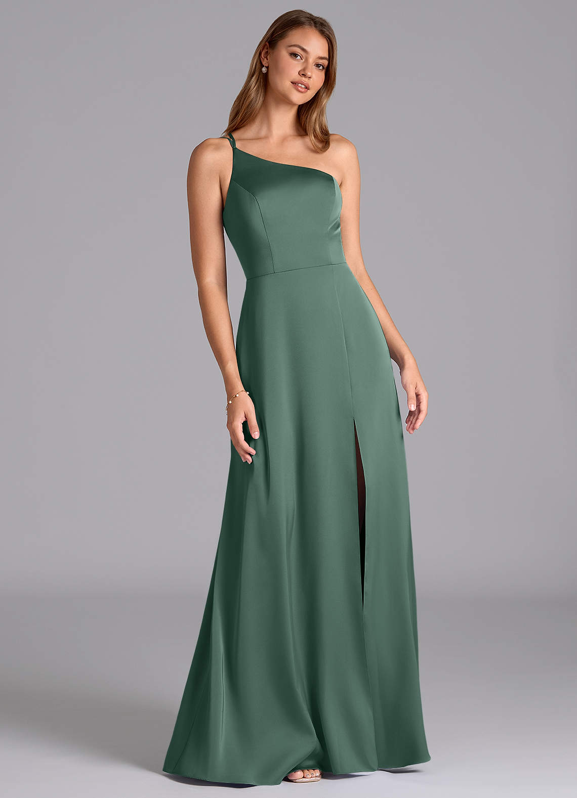 Azazie Trina Bridesmaid Dresses Eucalyptus A-Line One Shoulder Stretch Satin Dress image1