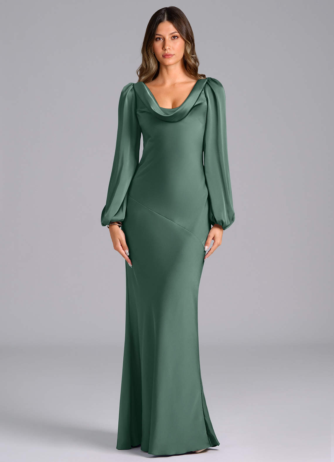 Azazie Melani Ready to Ship Eucalyptus Stretch Satin Bridesmaid Dresses