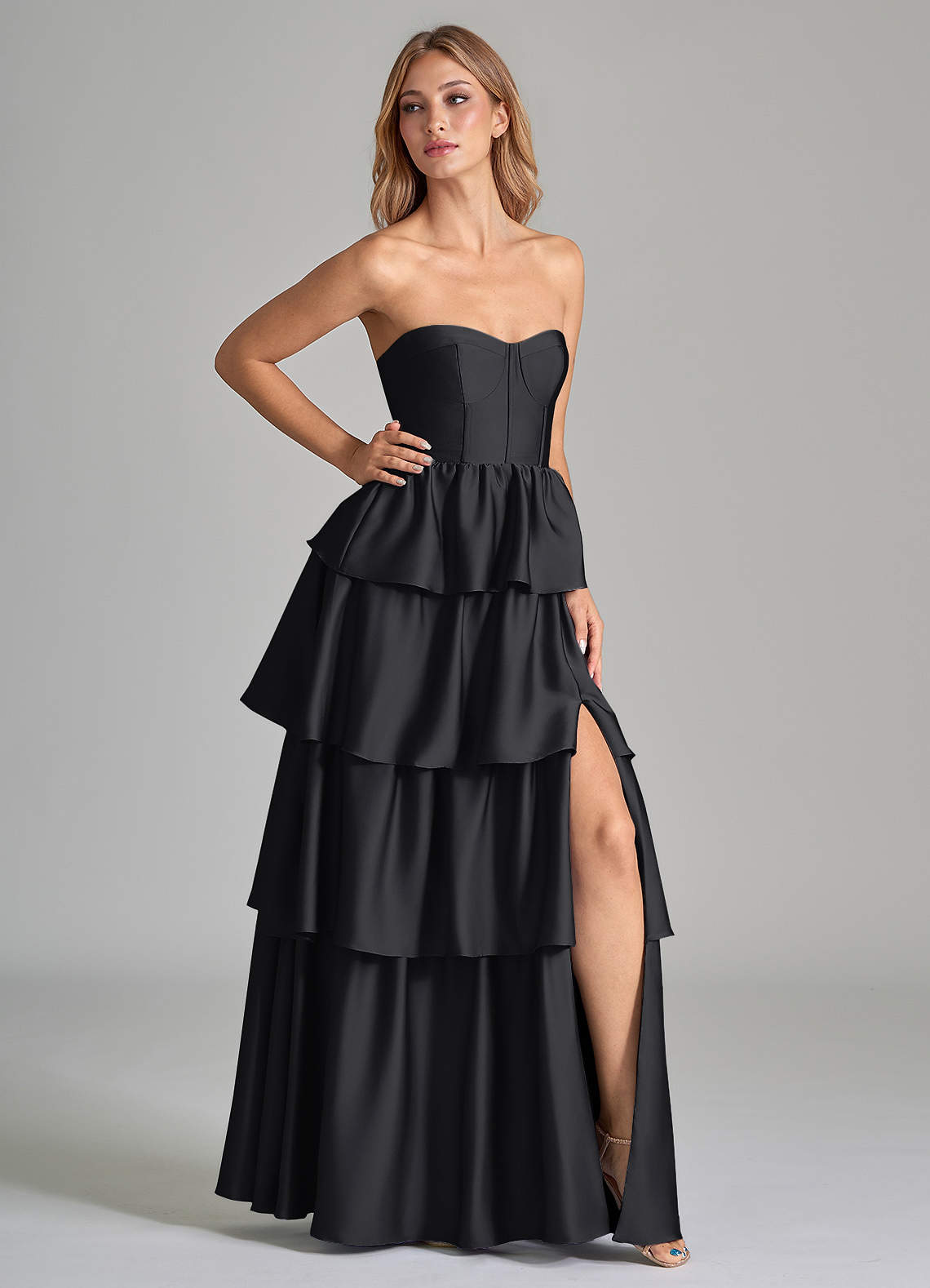 Azazie Faye Bridesmaid Dresses Black A-Line Ruched Stretch Satin Dress image1