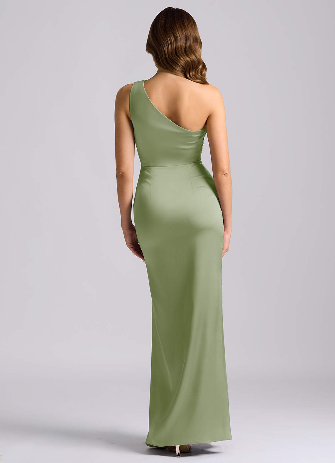 Azazie Akilah Jurken voor bruidsmeisjes Jurk van Stretch Satijn met Zeemeermin One-Shoulder Stoffige Salie image1