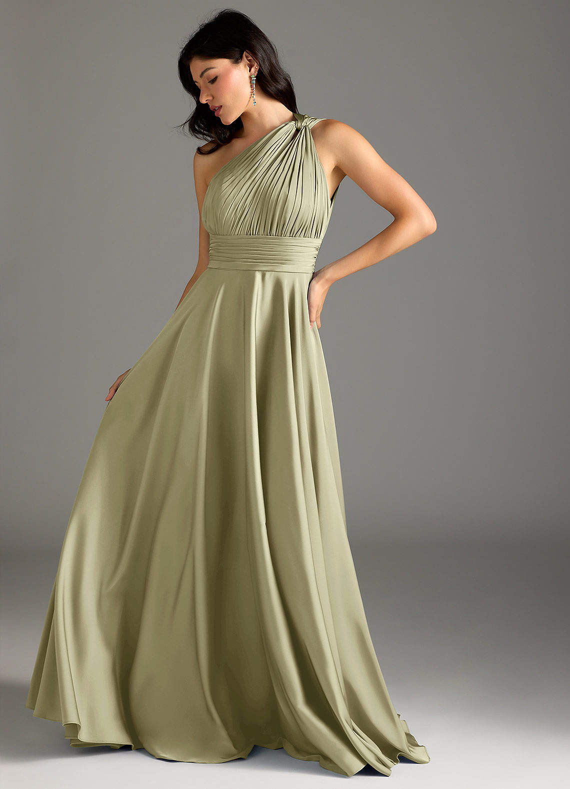 Azazie Charlize Bridesmaid Dresses Pistachio A-Line One Shoulder Stretch Satin Dress image4