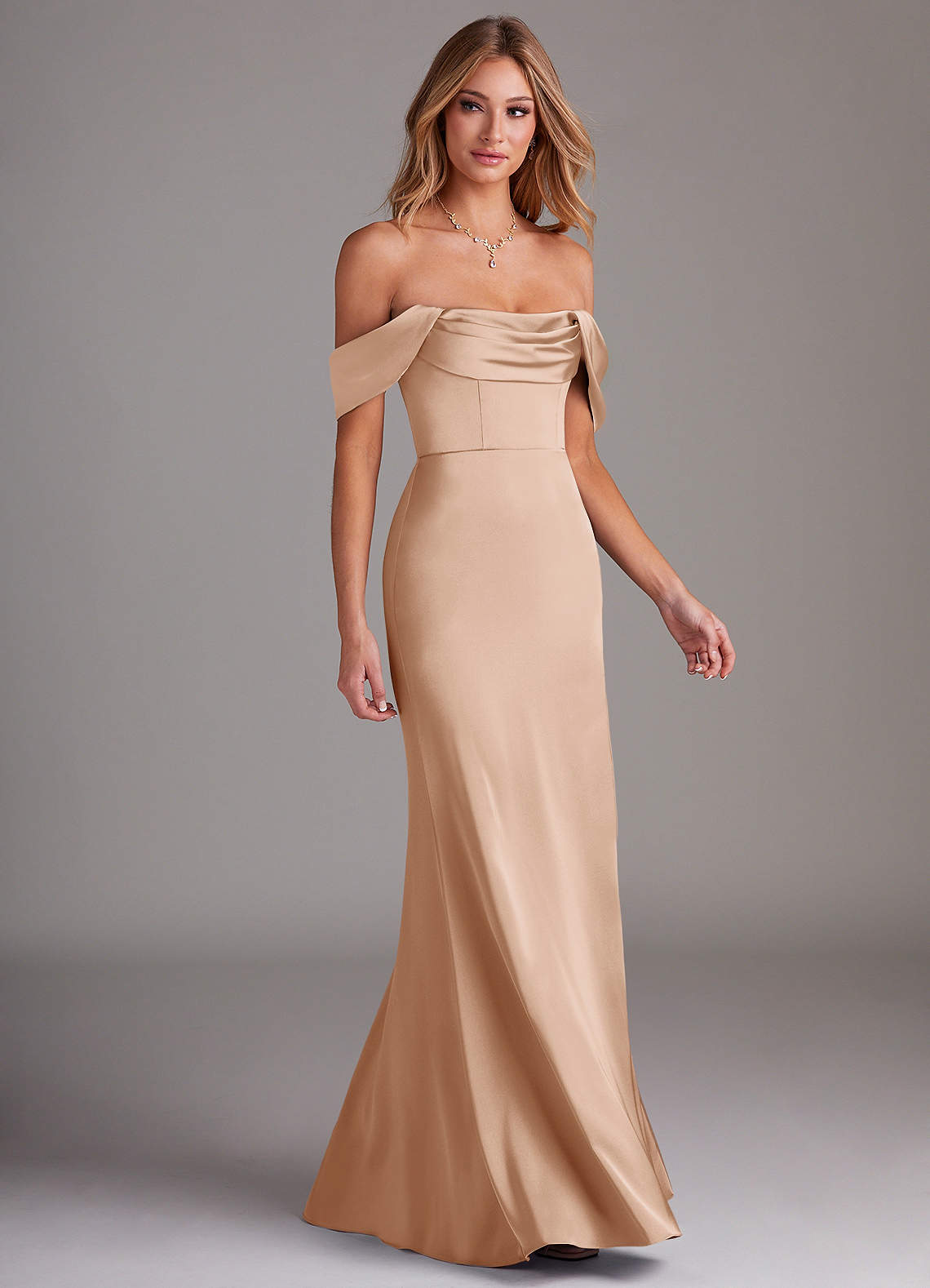 Azazie Saige Bridesmaid Dresses English Rose Sheath Off the Shoulder Stretch Satin Dress image5