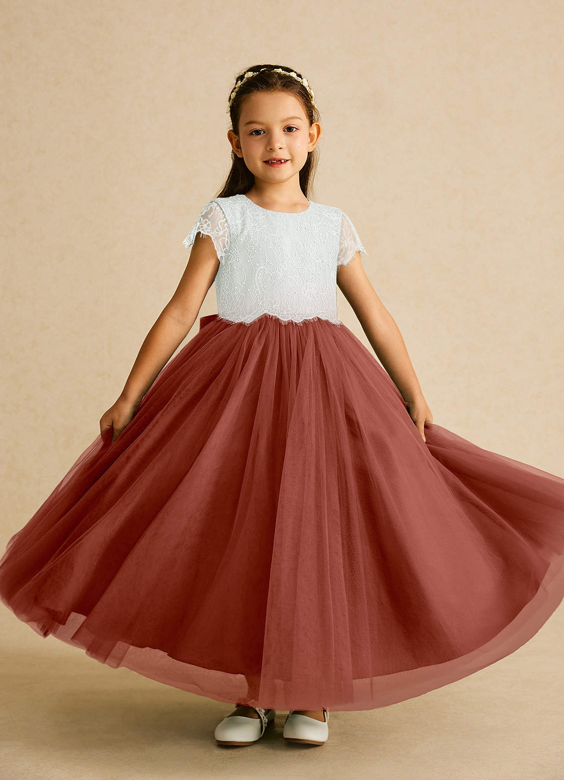 Azazie Bumblebee Blumenmädchenkleider A-Linie Spitze Tüll Kleid Elfenbein Kastanienbraun image1