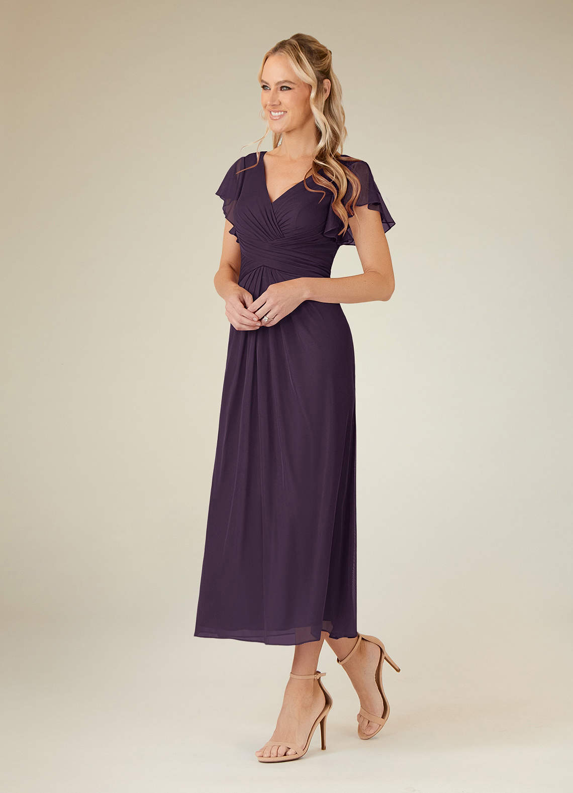Azazie Vera Mother of the Bride Dresses Plum A-Line V-Neck Pleated Mesh Dress image1