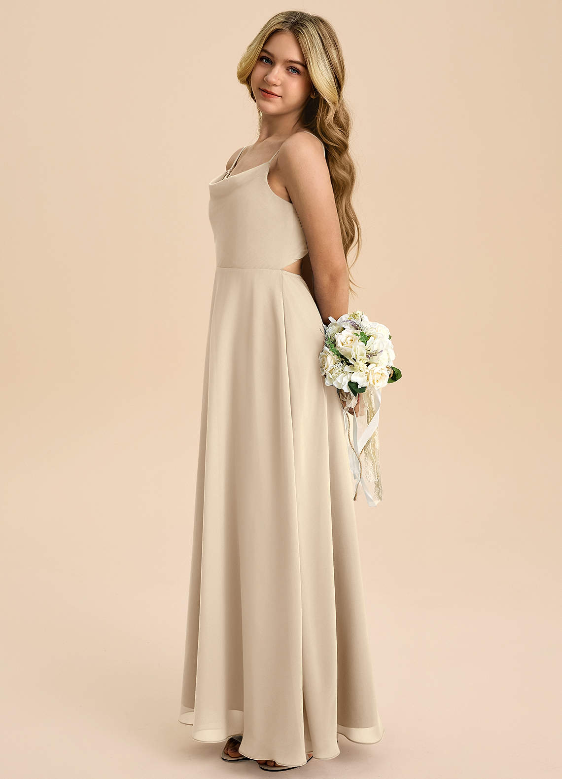 Azazie Shale Junior Champagne A-Line Bow Chiffon Dress image1