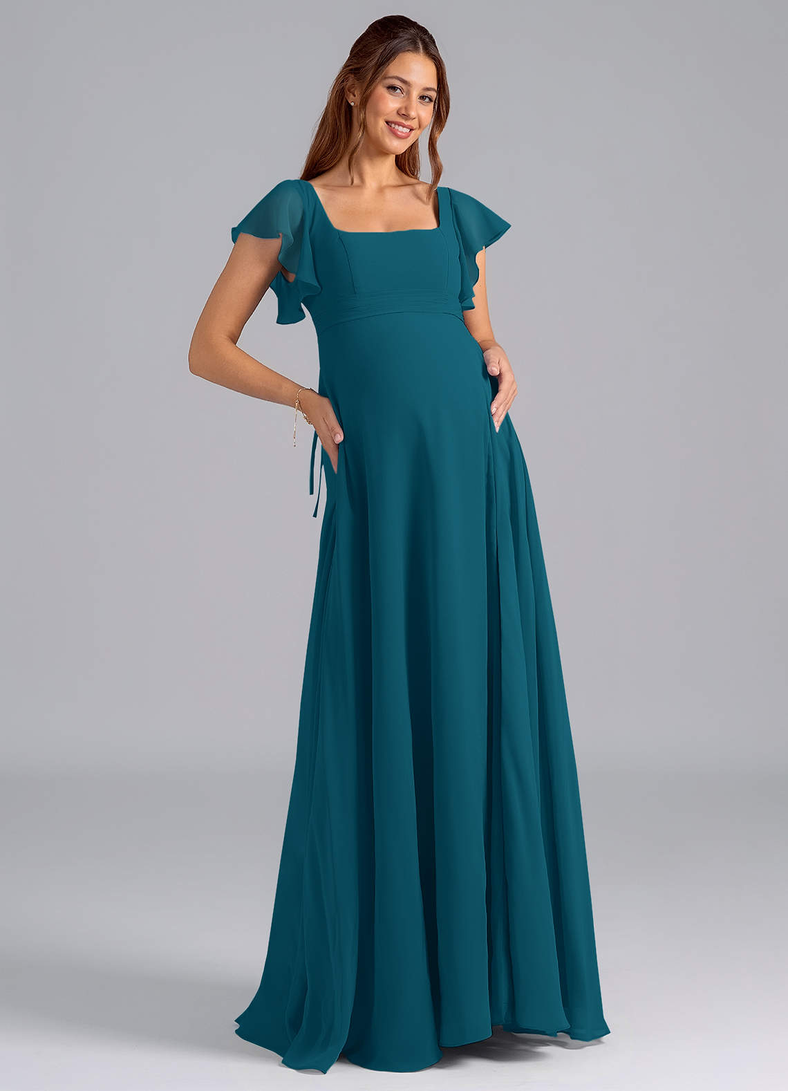Azazie Bondi Maternity Bridesmaid Dresses A-Line Ruched Chiffon Floor-Length Dress image1