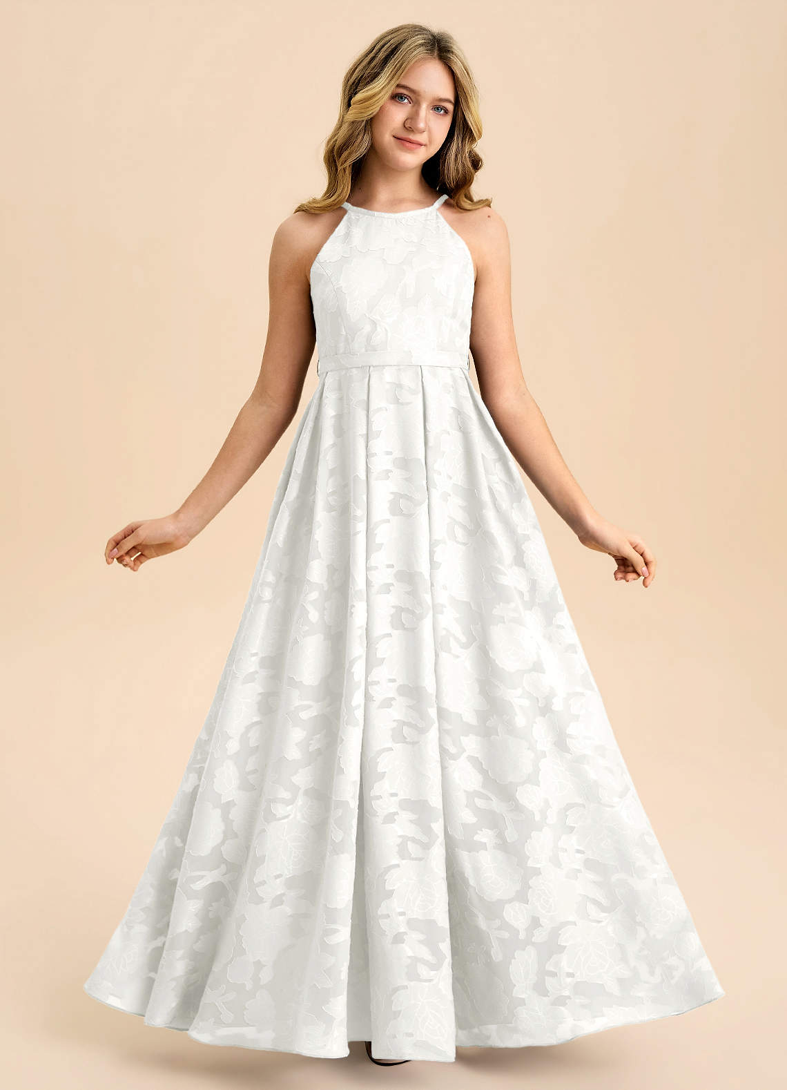 Azazie Arianthe Junior White A-Line Pleated Floral Burnout Dress image4