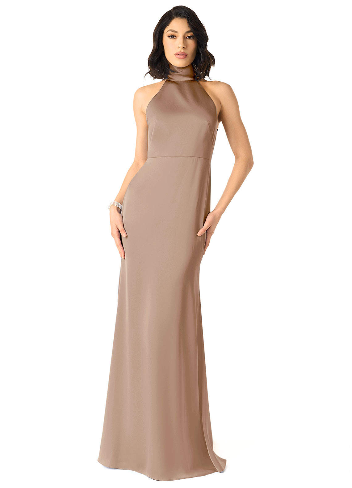 Azazie x Delaney Bridesmaid Dresses Taupe Sheath High Neck Stretch Satin Dress image1