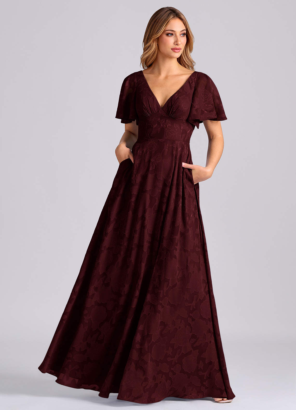 Azazie Kimber Bridesmaid Dresses Cabernet A-Line with Pockets Floral Burnout Dress image6