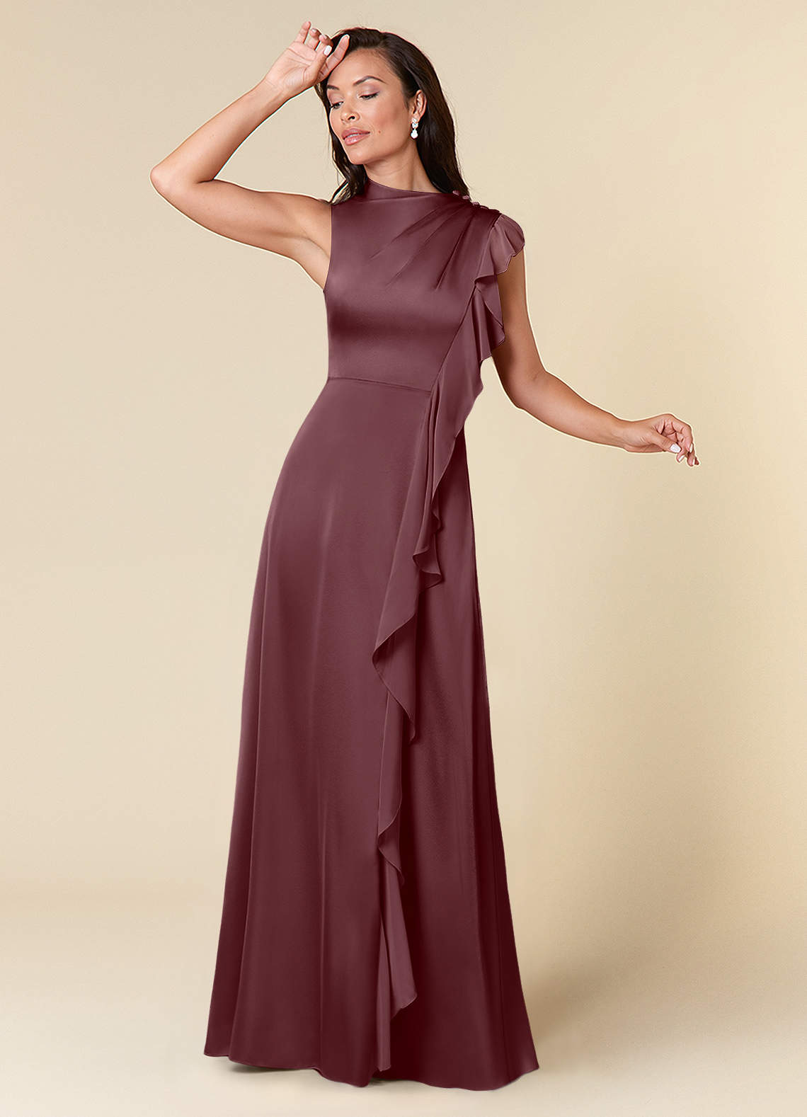 Azazie Narine Abiti per la Madre della Sposa Abito A-Line in Raso Elasticizzato Scollo alto plissettato Sangria image1