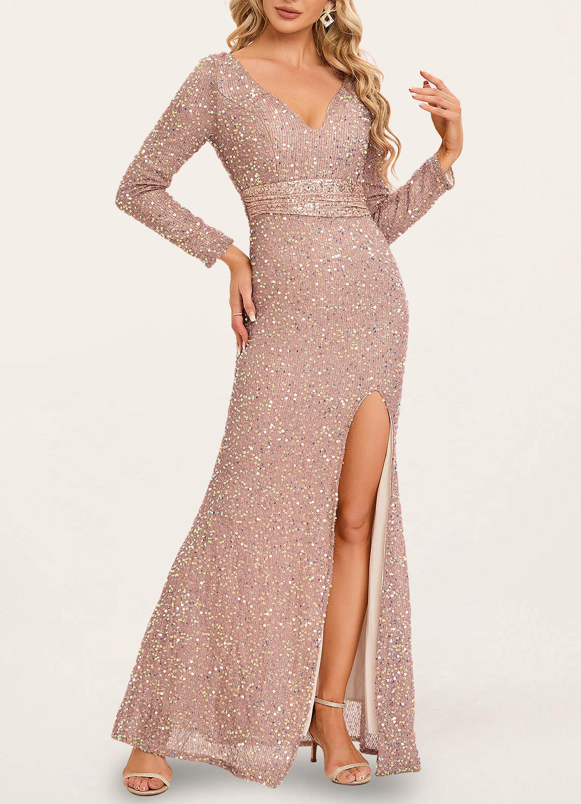 Love Lasts Forever Champagne Sequin Long Sleeve Maxi Dress image1