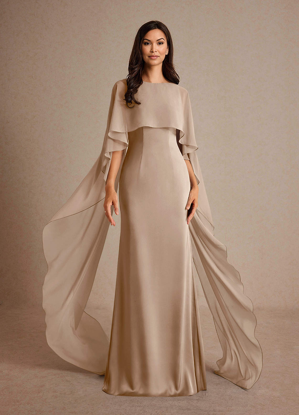 Azazie Milfred Taupe Sheath Boatneck Stretch Satin Dress | Azazie CA
