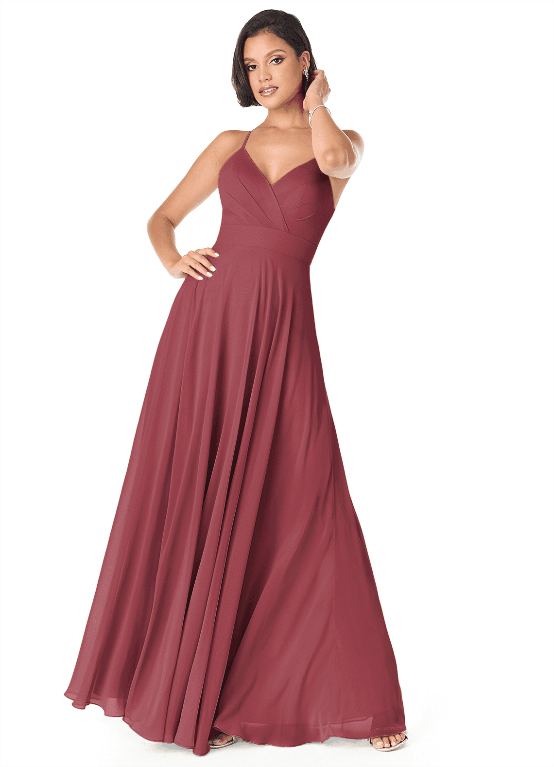 Azazie Avelina Bridesmaid Dresses Merlot A-Line V-Neck Pleated Chiffon Dress image1