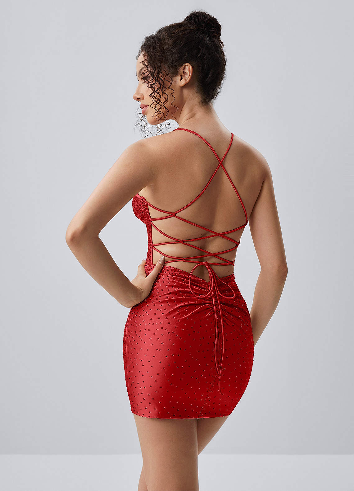 red satin backless mini dress Saliris Rhinestone Stretch Open Back Lace-Up Backless Dress | Backless Color:Soft Yellow Bust up to 92 evening wear