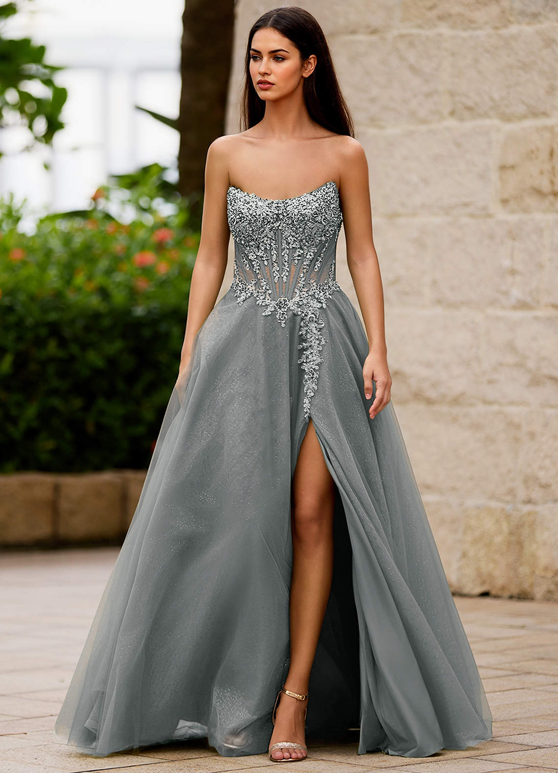 women's empire waist formal dress Halter V-Neck Sleeveless Pleated Empire Waist A-Line Beach Wedding Dre –  Loveiss main image 0