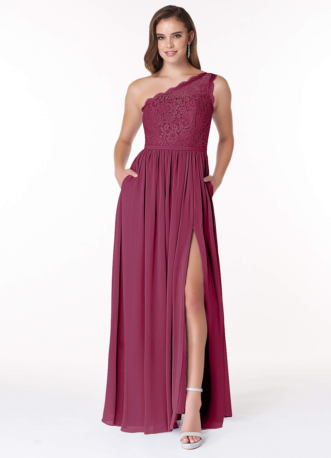 Azazie Demi Brautjungfernkleider A-Linie One-Shoulder Chiffon Kleid Maulbeerrot image1