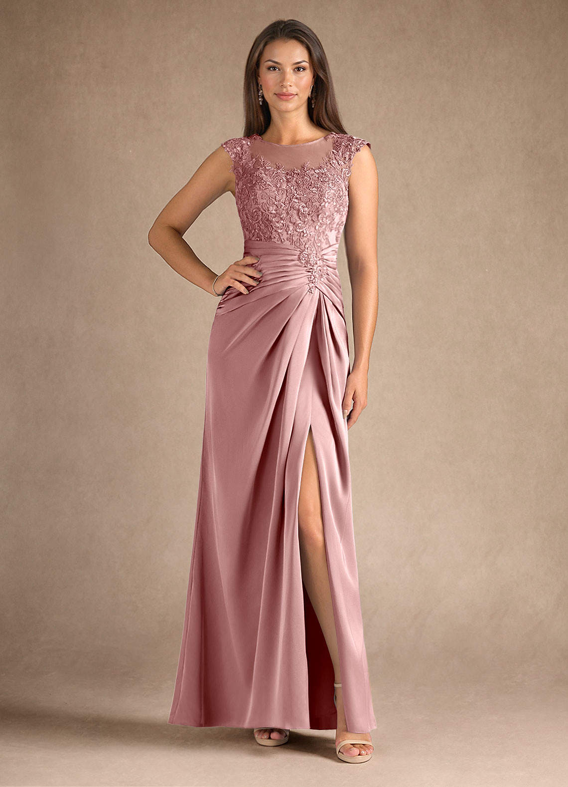 Azazie Santa Barbara vestidos de madre de la novia Vestido de Rosa Polvorienta de Satén Elástico de Recto con Plisado image1