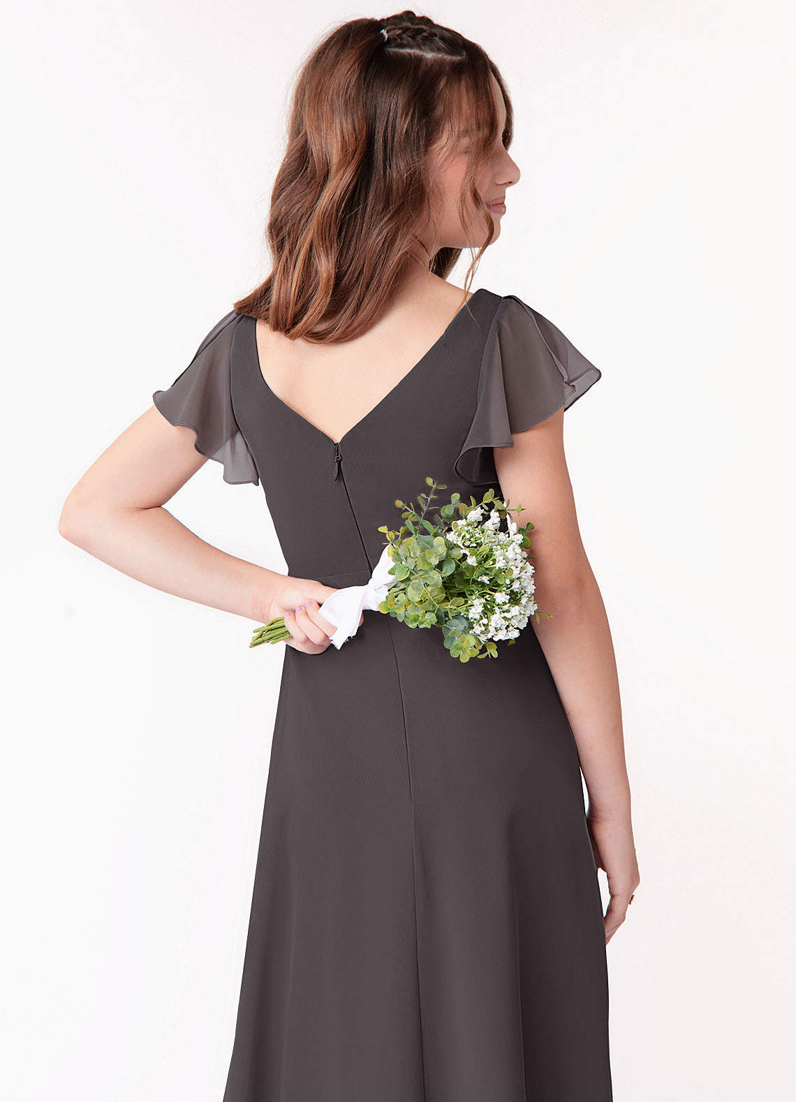 Azazie Omari Junior Steel Grey A-Line Ruched Chiffon Dress image2