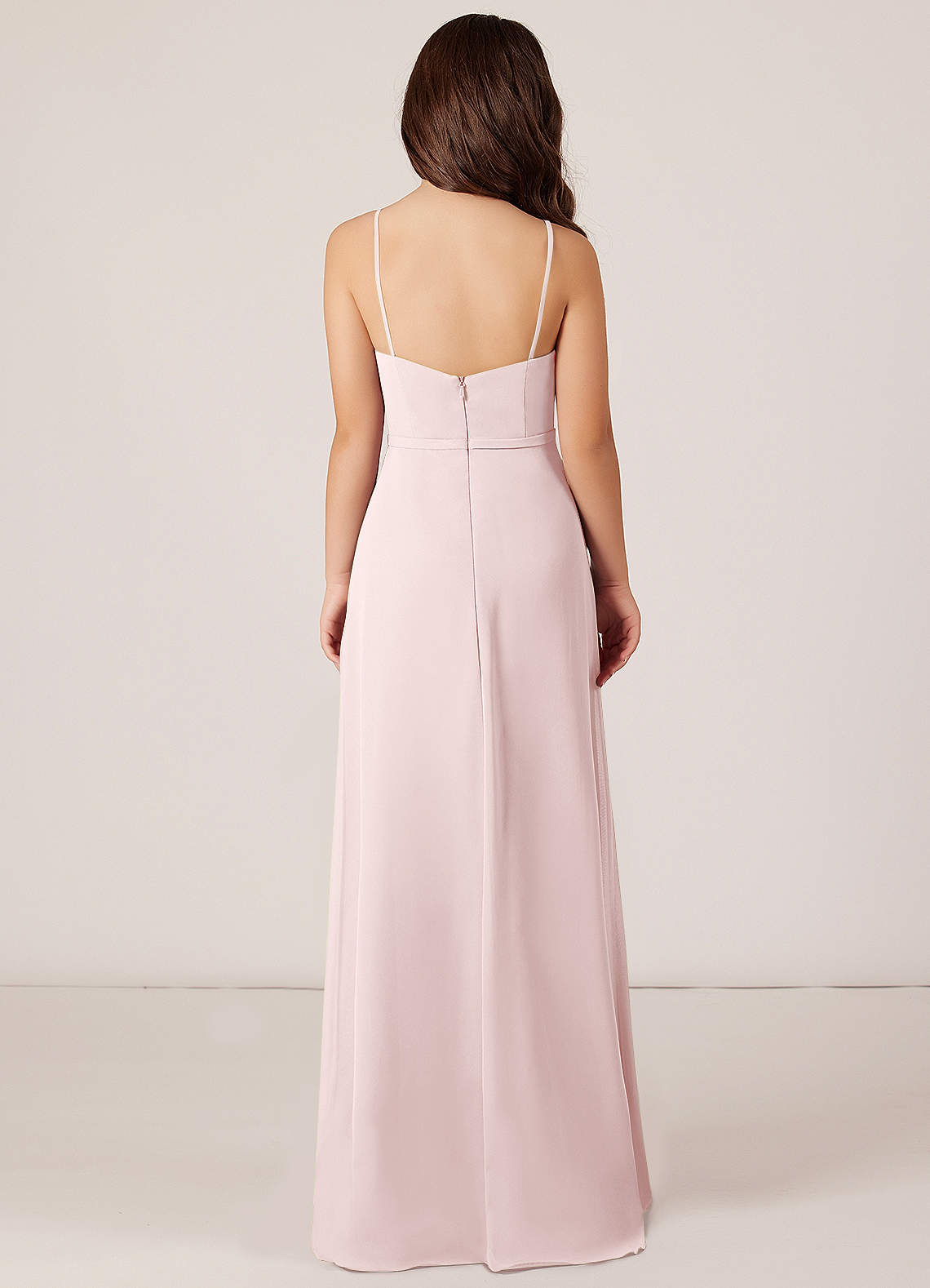 Azazie Kaylee Junior Blushing Pink A-Line with Belt Chiffon Dress image1