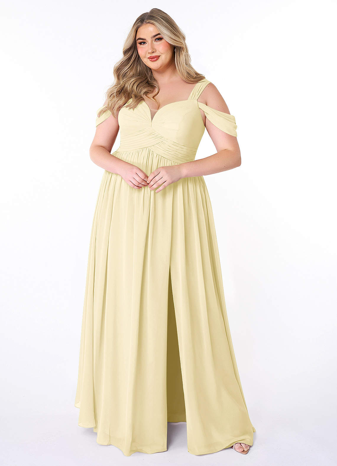Azazie Lianne Robes de demoiselle d'honneur Robe Trapèze en Mousseline de soie Épaule décolletée Sorbet Citron image1