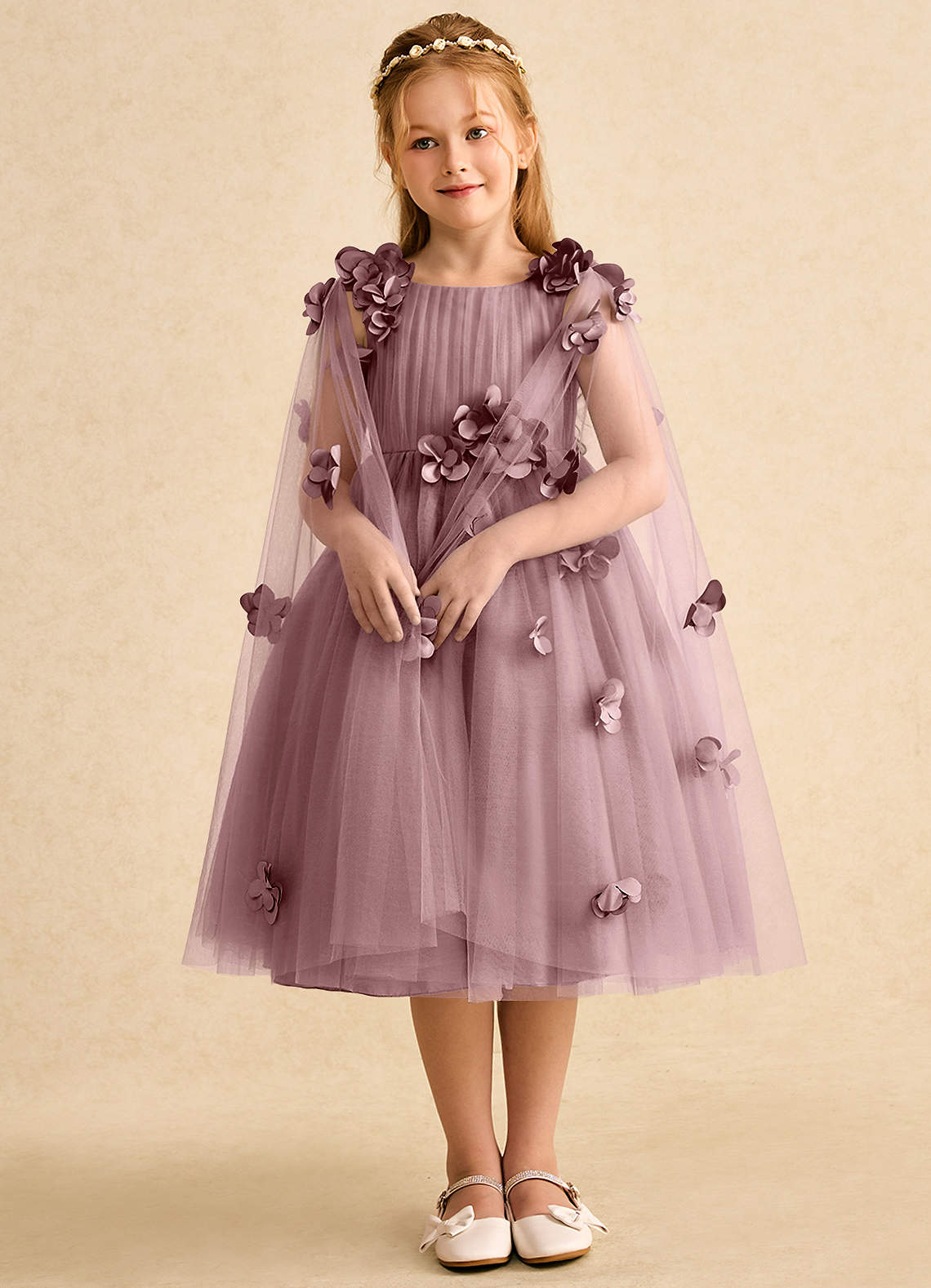 Azazie Staria Flower Girl Dresses Dusty Rose Ball-Gown Ruched Tulle Dress image2
