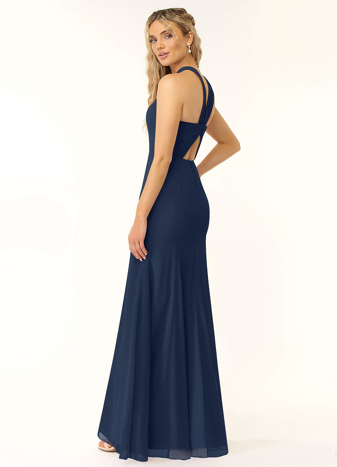 Azazie Plus Size A-Line/Princess Halter Neck Floor-Length Chiffon Bridesmaid Dresses - Dark Navy