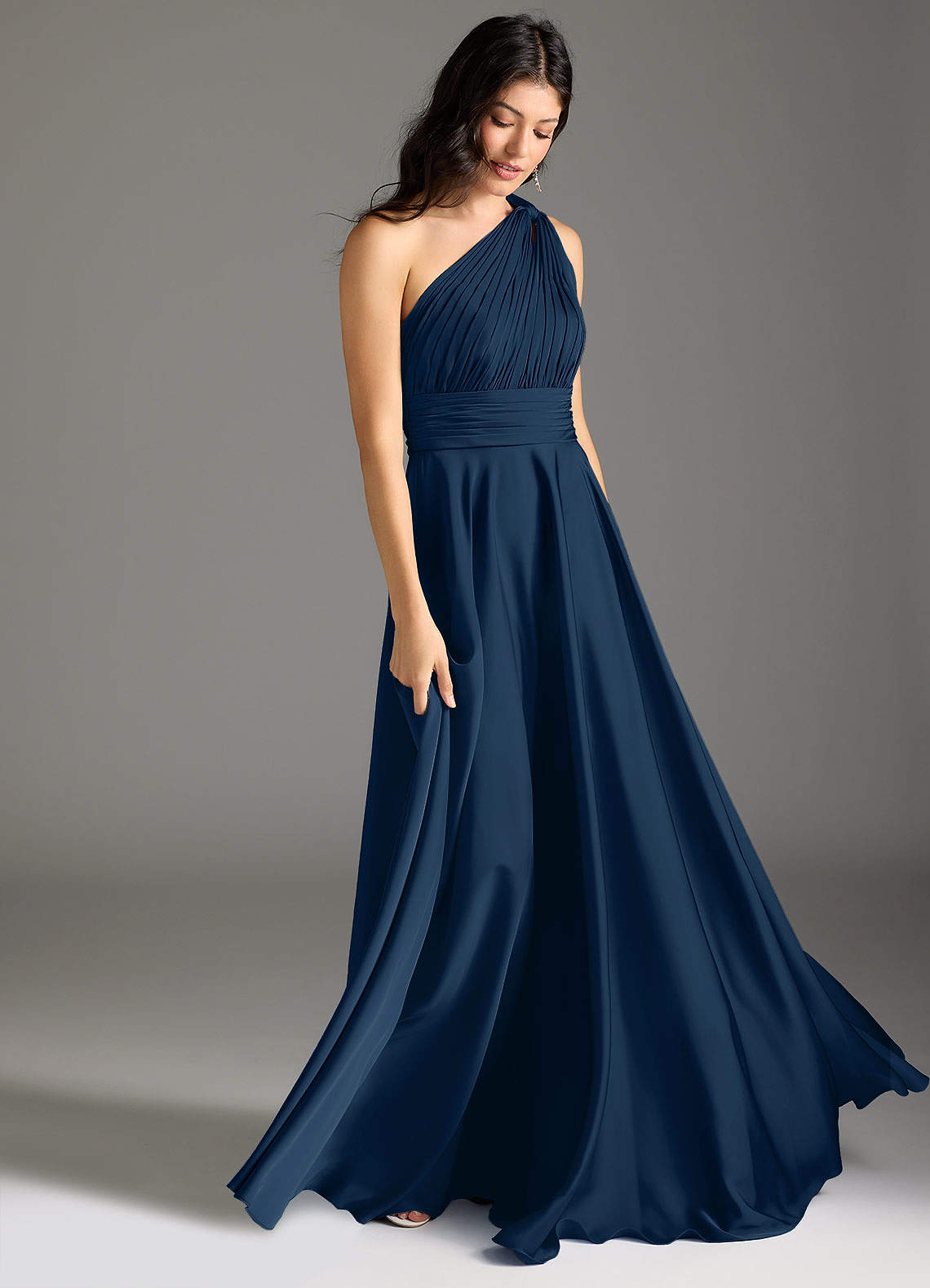 Azazie Charlize Bridesmaid Dresses Dark Navy A-Line One Shoulder Stretch Satin Dress image2