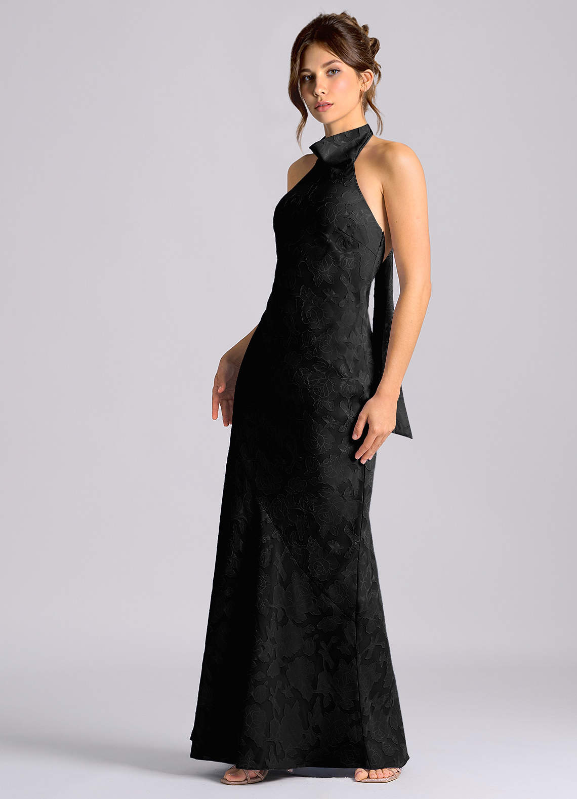 Azazie Velli Vestidos de damas de honor Vestido de Negro de Devorado Floral de Corte Sirena con Cuello Alto image5
