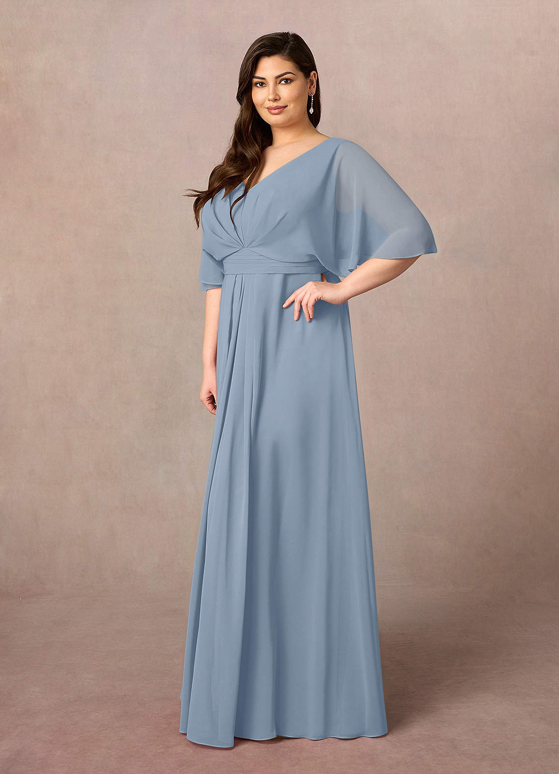 A-Line Pleated Chiffon Dress with V-Neck Gold