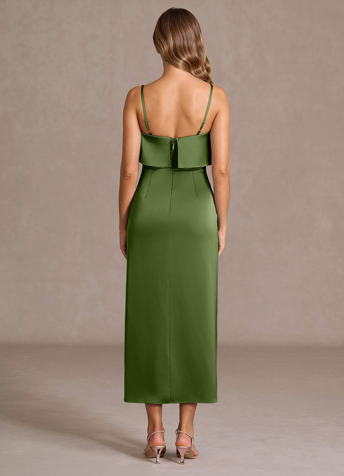 slim fit dress slacks Pinkblush Olive Satin Smocked Fitted Maternity Midi Dress Small main image 0